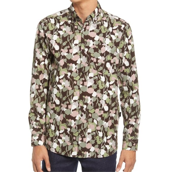 Ted Baker Men's Poplar Abstract Floral Print Button Front Pocket LS Shirt Brown - Picture 1 of 7